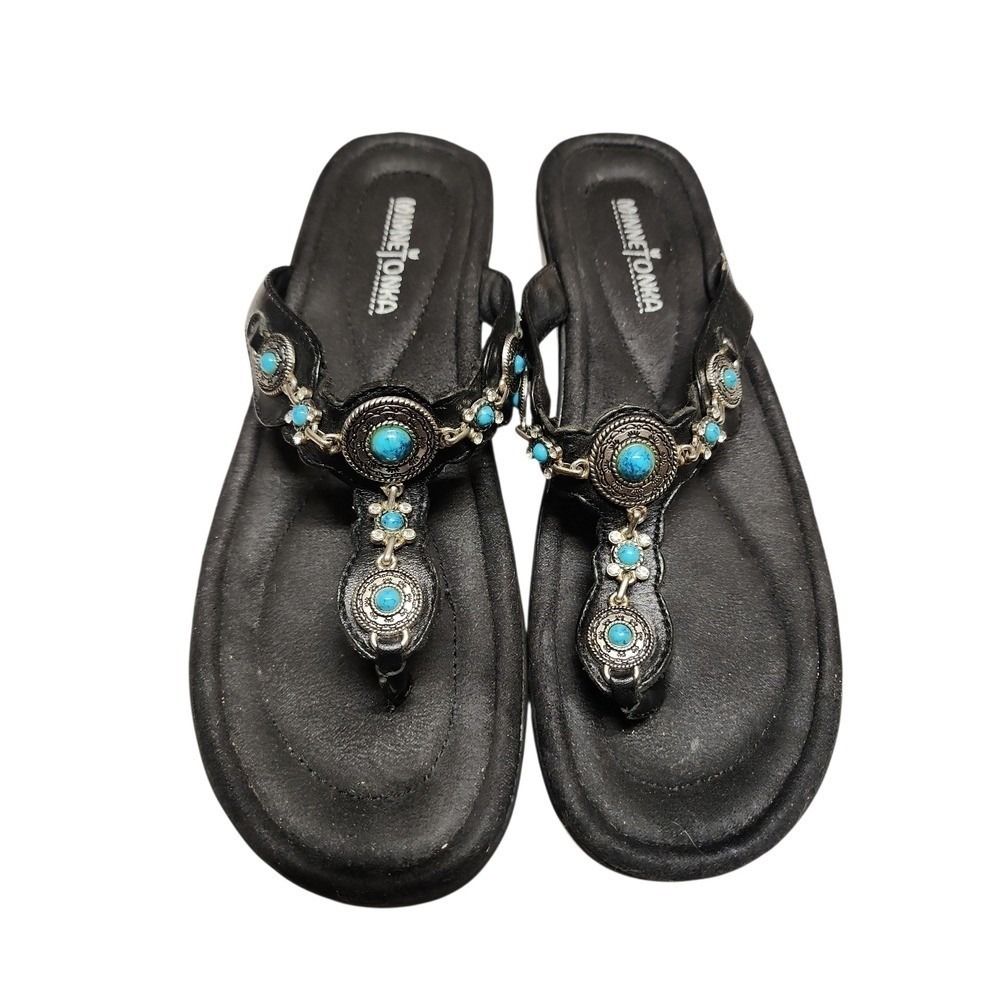 Minnetonka Thong Sandals Womens 9 Black Turquoise Boho Southwestern 7400 Beaded